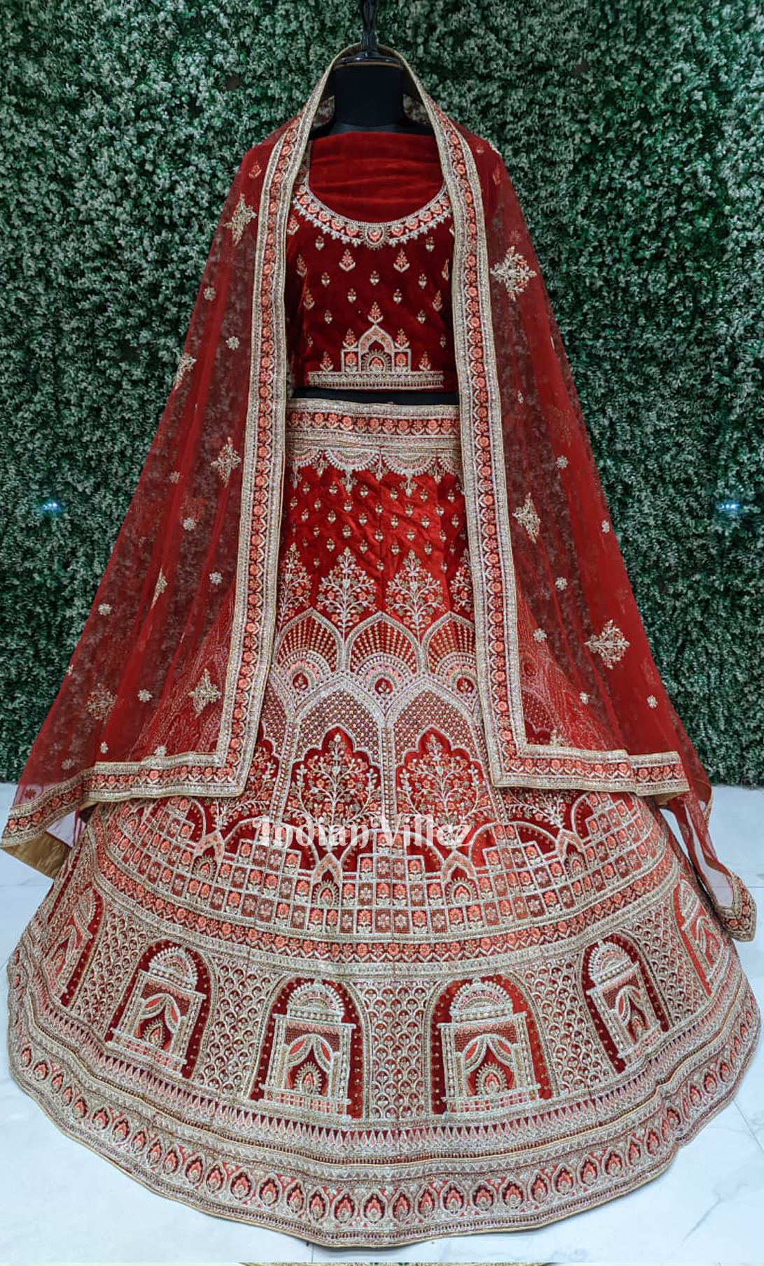 Crimson Red Raw Silk Umbrella Style Bridal Lehenga Choli with Dupatta 