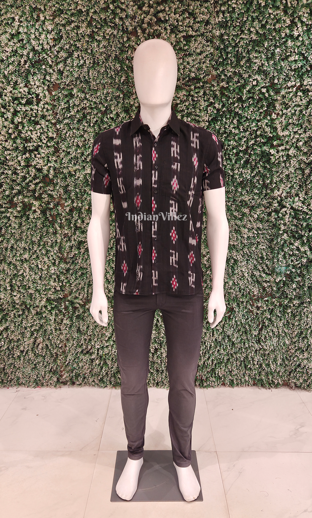 Black Maroon Swastik Odisha Ikat Cotton Half Sleeve Shirt for Men 