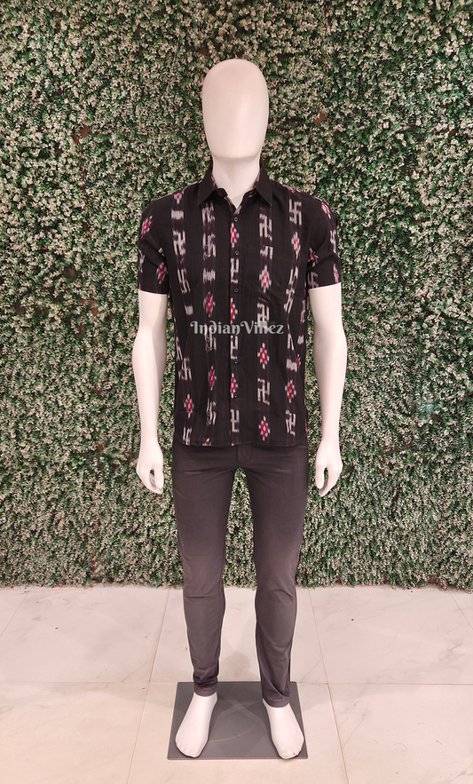 Black Maroon Swastik Odisha Ikat Cotton Half Sleeve Shirt for Men 