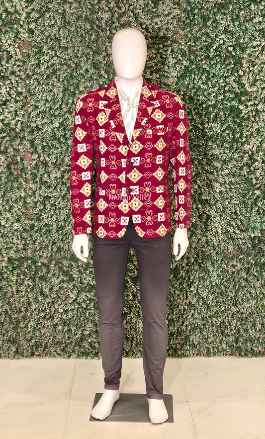 Maroon Pasapali Odisha Ikat Men's Designer Blazer 