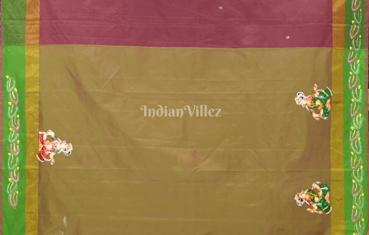 Maroon Green Maroon Krishna Raas Hand-Painted Pattachitra Saree