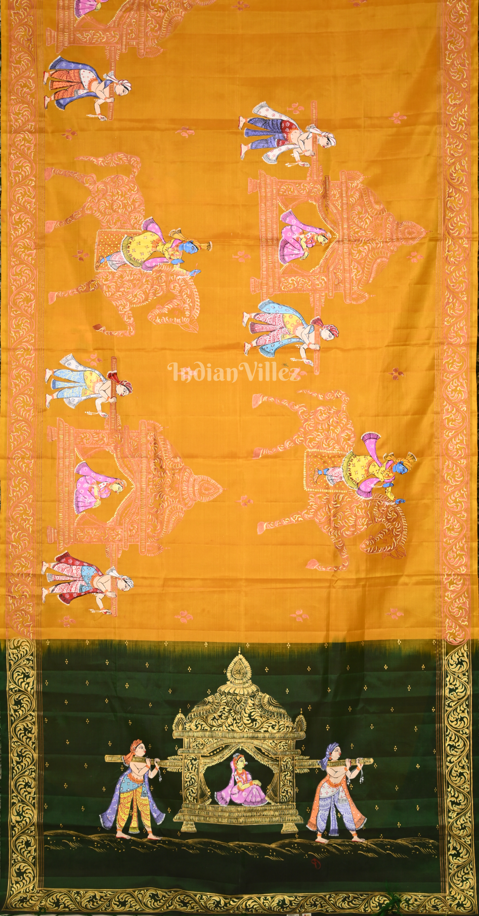 Mustard Yellow Green Doli Barat Hand-Painted Pattachitra Saree 