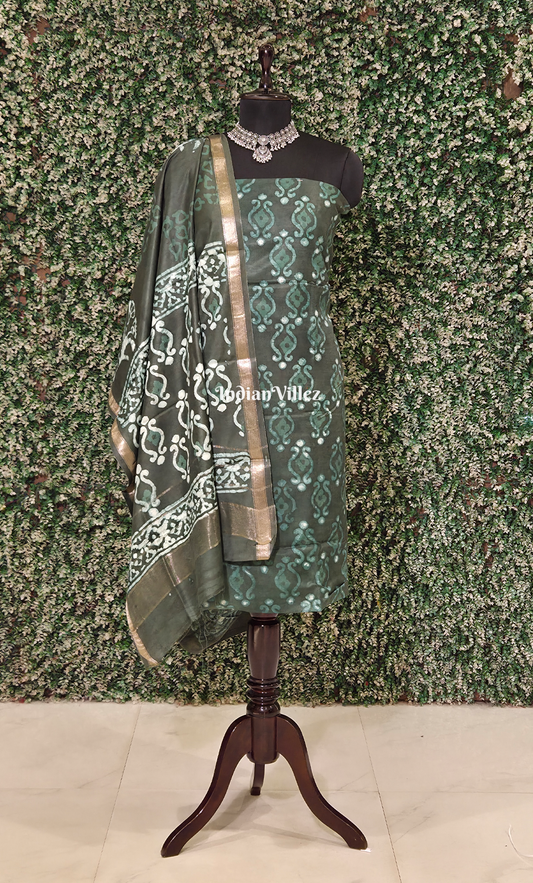 Bottle Green Bagru Crepe Block Printed Silk Suit Sets