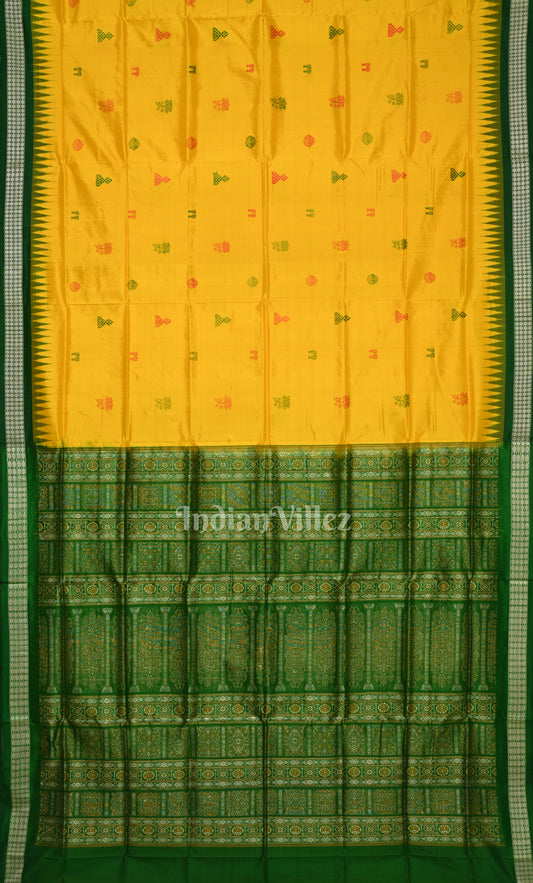 Yellow Green Jhoti Theme Odisha Ikat Bomkai Sambalpuri Silk Saree 