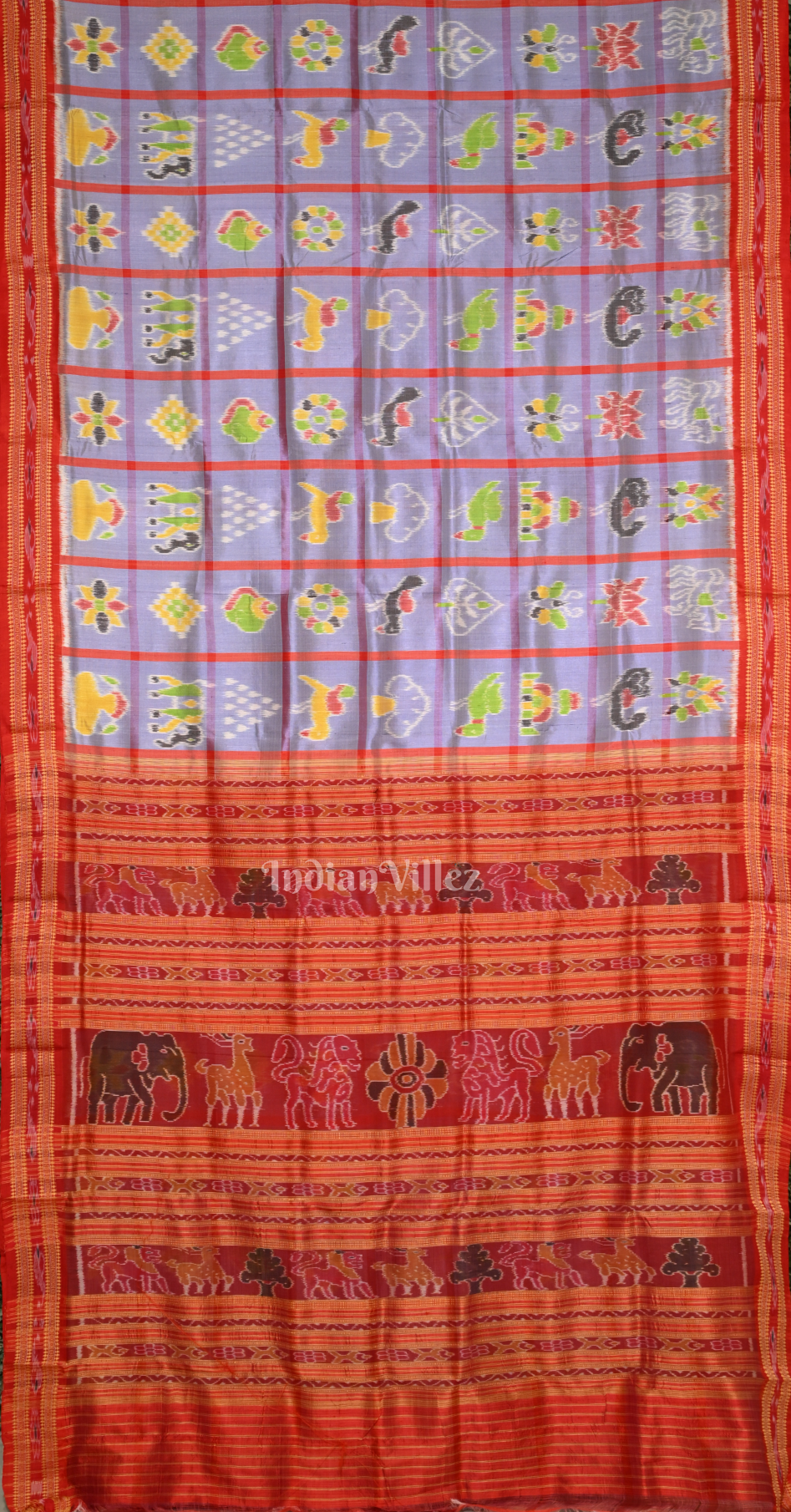 Lavender Red Nabakothi Odisha Ikat Khandua Silk Saree with Jungle Anchal
