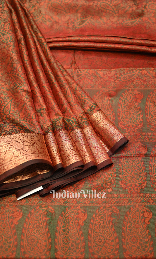 Rust Gold Dual Tone Floral Tanchoi Silk Banrasi Saree 