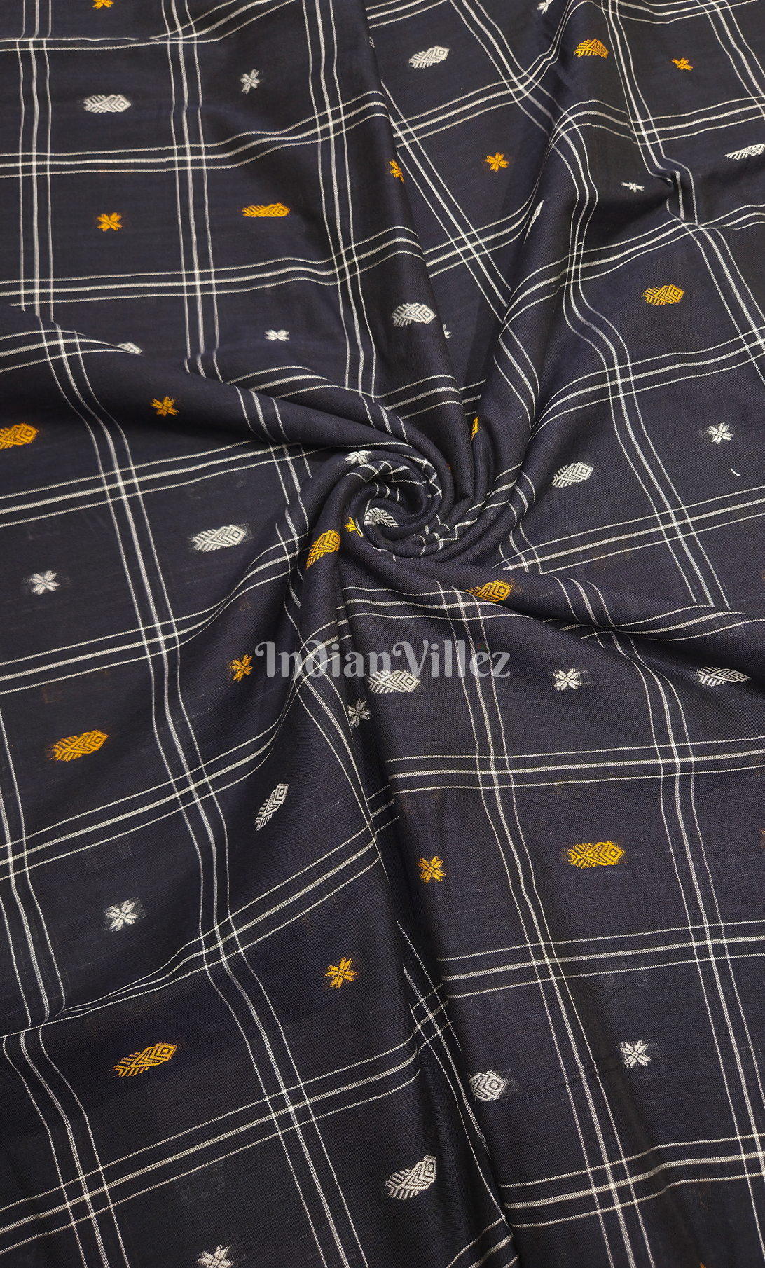  Navy Blue Fish & Buti Motif Odisha Ikat Bomkai Cotton Fabric 