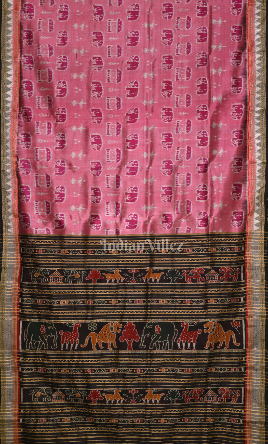 Onion Pink Black  Tribal Theme Odisha Ikat Khandua Silk Saree 