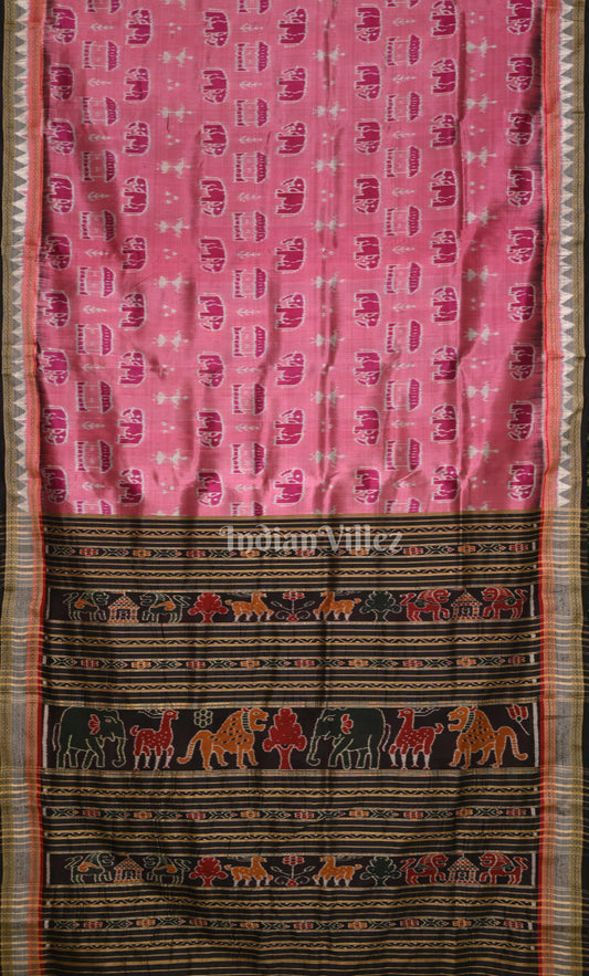 Onion Pink Black  Tribal Theme Odisha Ikat Khandua Silk Saree 