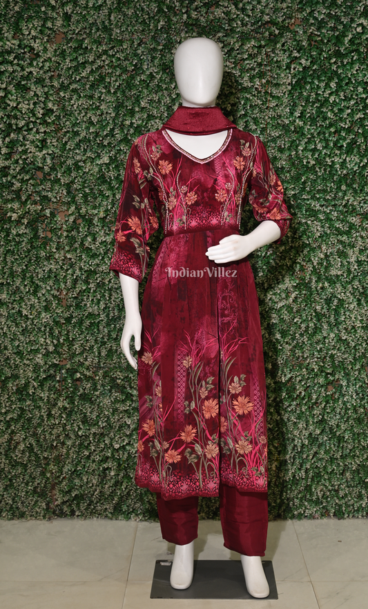 Wine Floral Print Kurta Plazzoo with Dupatta set 