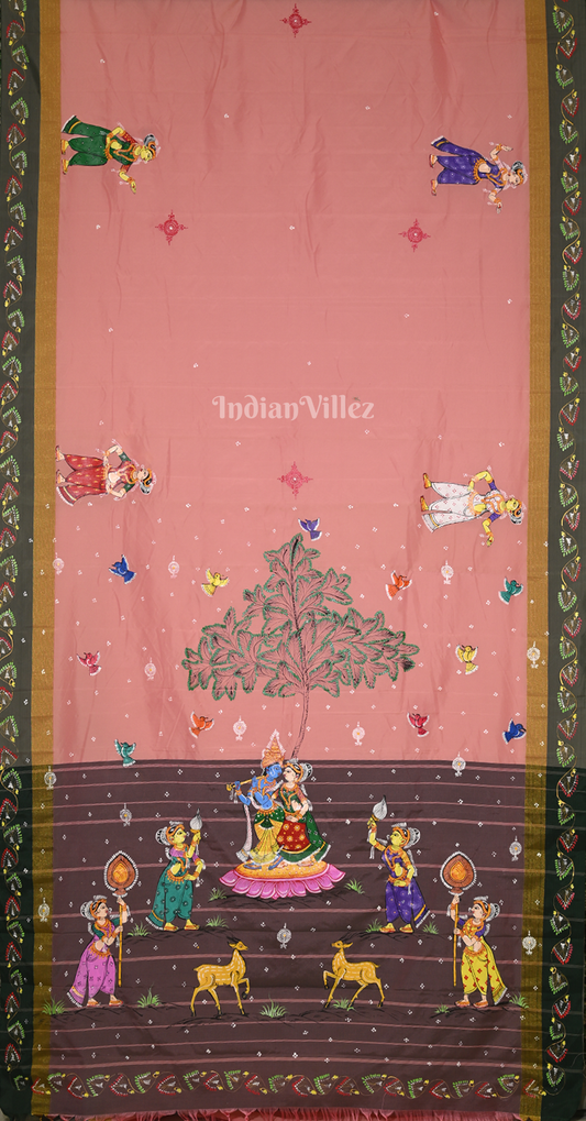 Pink Coffee Krishna Raas Leela Hand-Painted Pattachitra Saree 