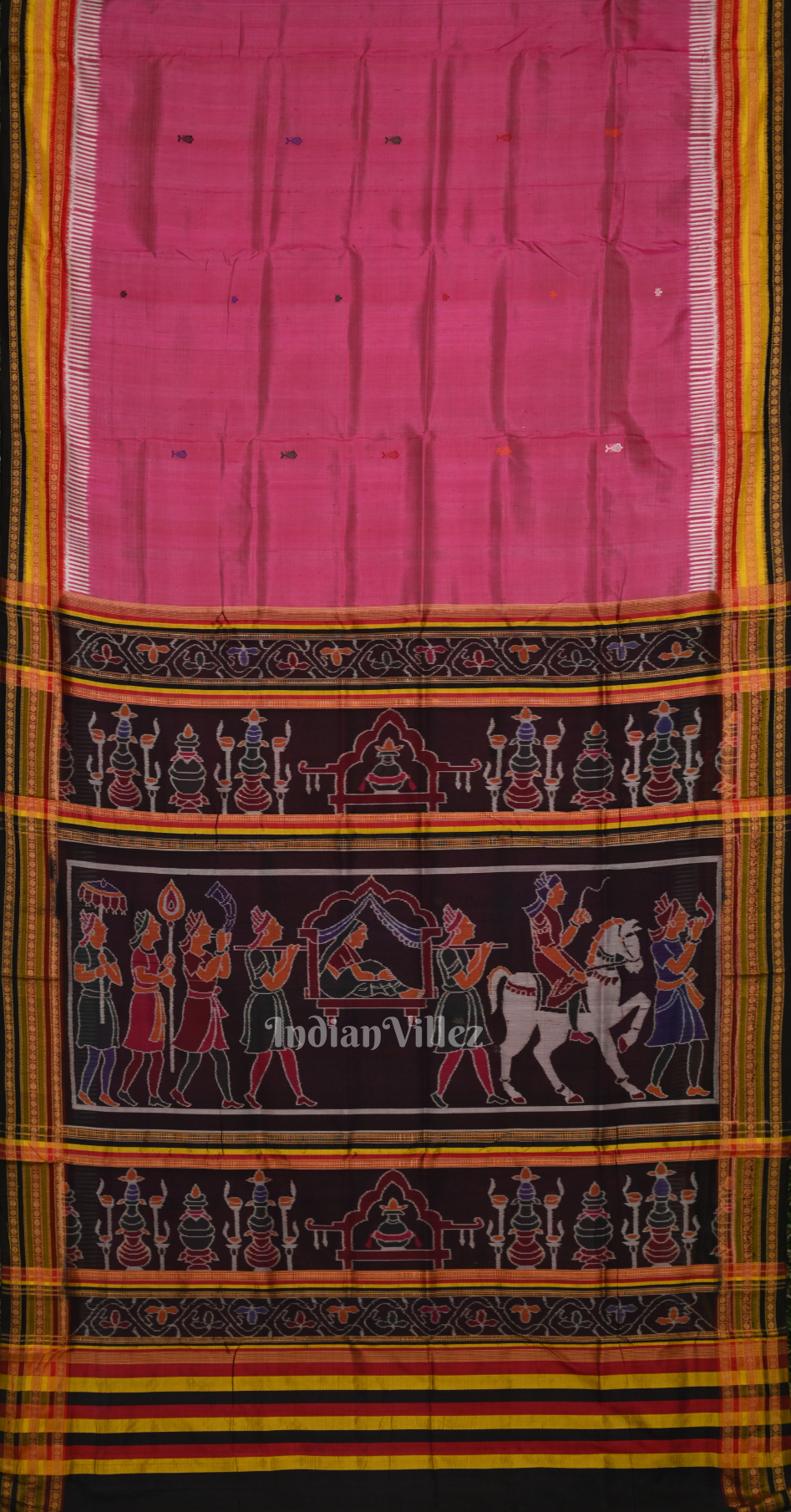 Rani Pink Black Fish Motif Kathiphera Khandua Silk Saree with Doli Barat Anchal 