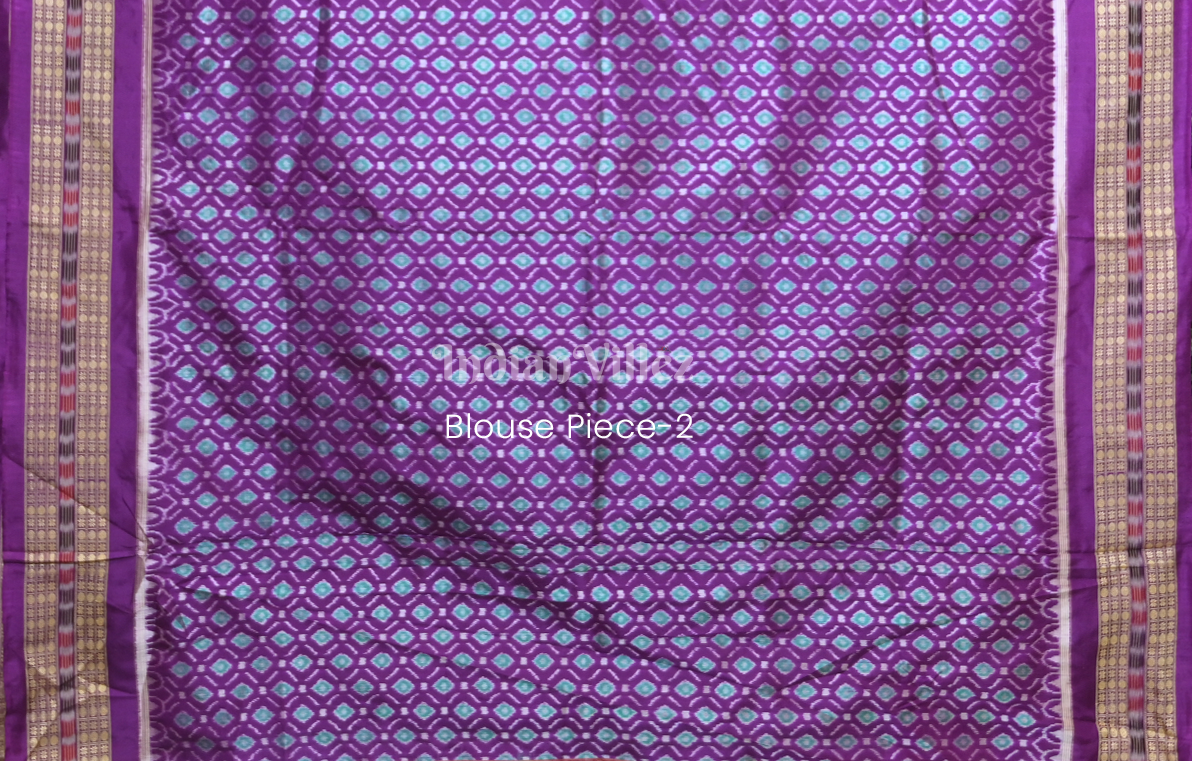 Sea Green Purple Odisha Ikat Sambalpuri Silk Saree with Double Blouse Piece