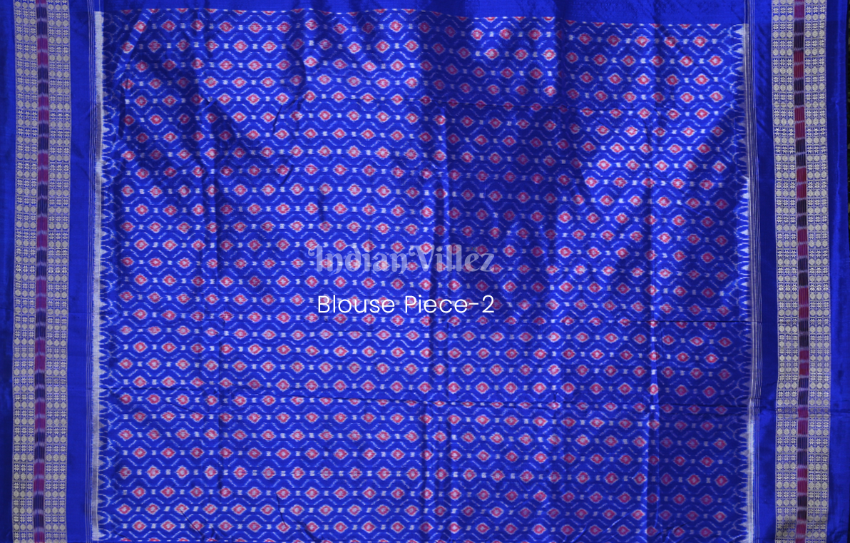 Red Blue Tribal Motif Odisha Ikat Sambalpuri Silk Saree with Double Blouse Piece