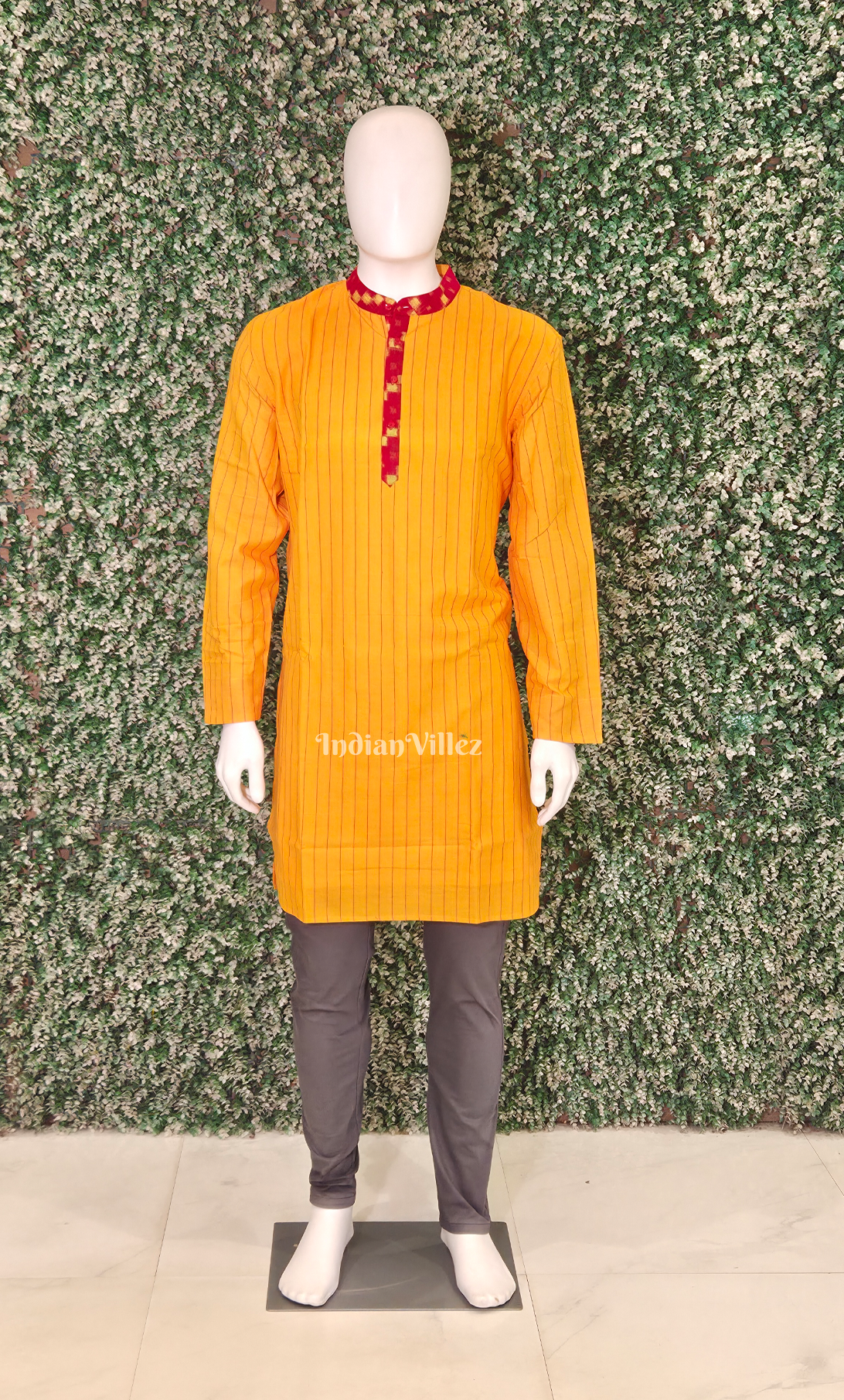 Mustard Yellow Red Stripped Odisha Ikat Cotton Kurta for Men 
