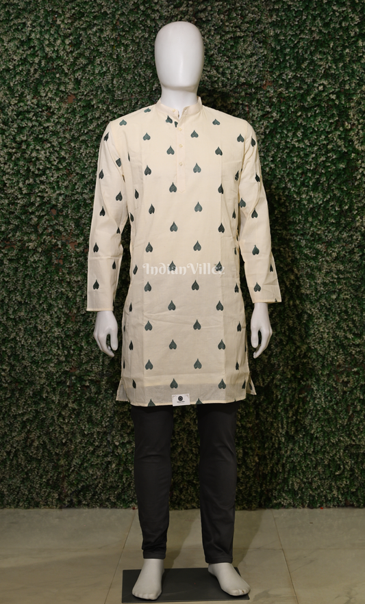 Off White Green Thread work leaf shaped motif Odisha Ikat Cotton Kurta for Men 