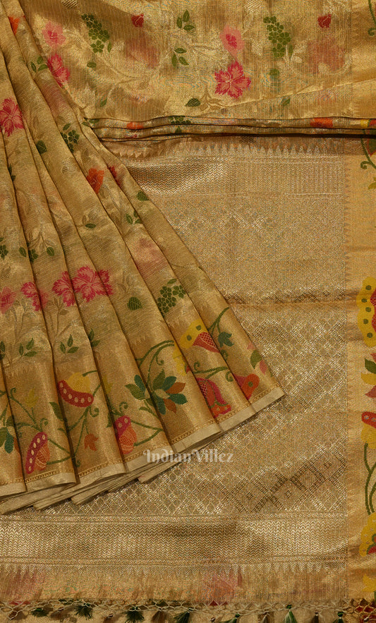 Golden Floral Jaal Pure Katan Silk Banarasi Saree 