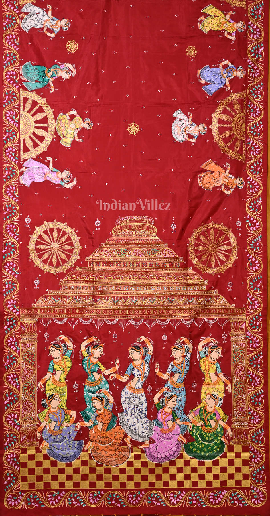 Red Mustard Yellow Nartaki Konark Temple Hand-Painted Pattachitra Saree