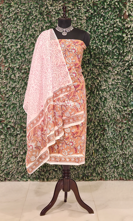 Light Orange Red Sanganeri Block Printed Cotton Suit Sets