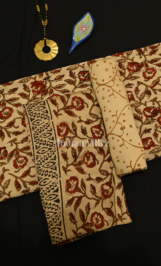 Off White Maroon Floral Bagru Block Printed Chanderi Silk Suit Sets