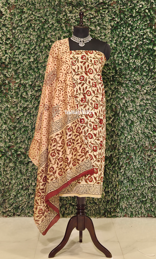 Off White Maroon Floral Bagru Block Printed Chanderi Silk Suit Sets
