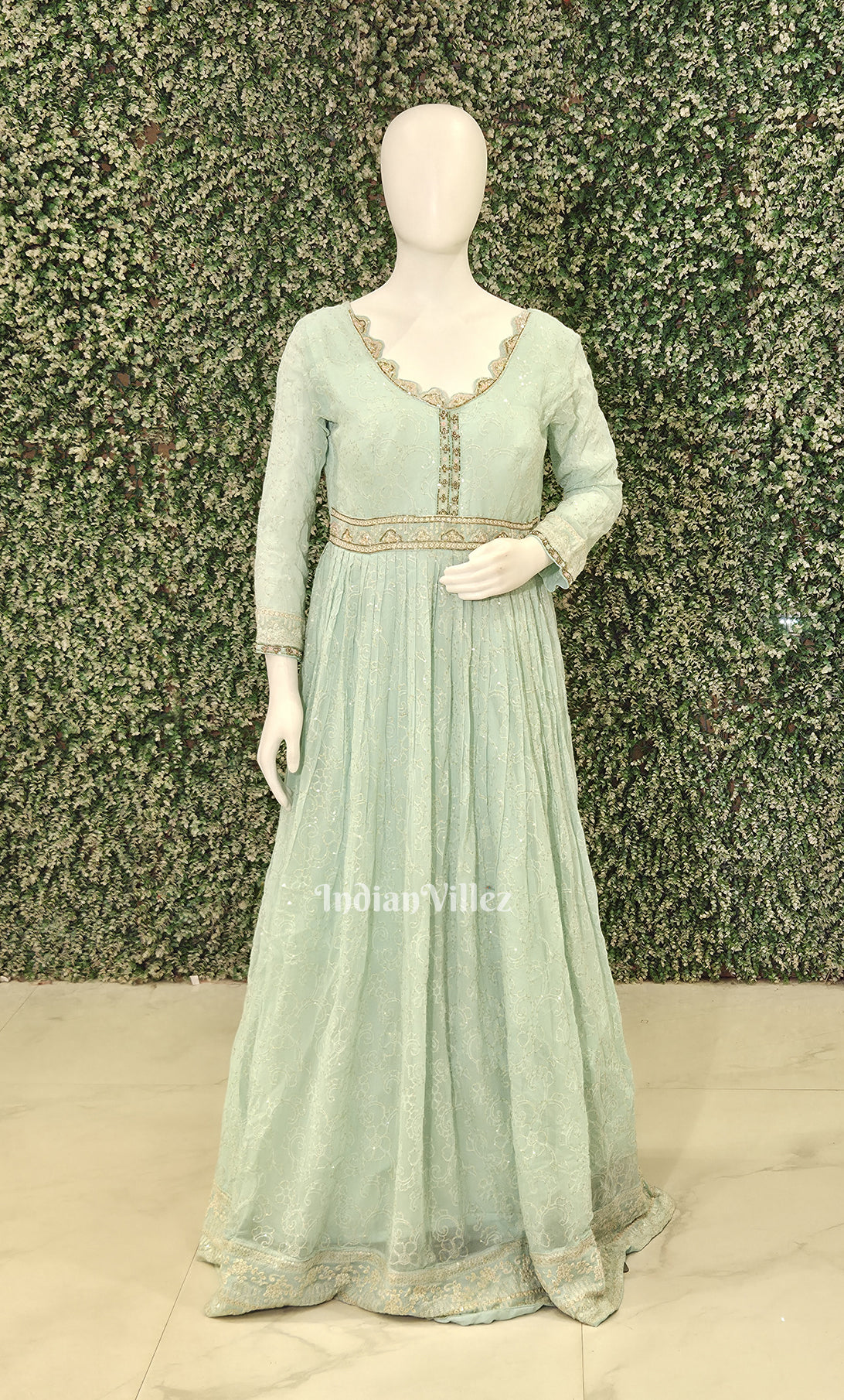 Designer Sea Green Georgette Gown with Embroidery