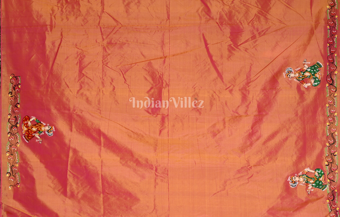 Peach Pink Vat Sabitri Theme Hand-Painted Pattachitra Saree