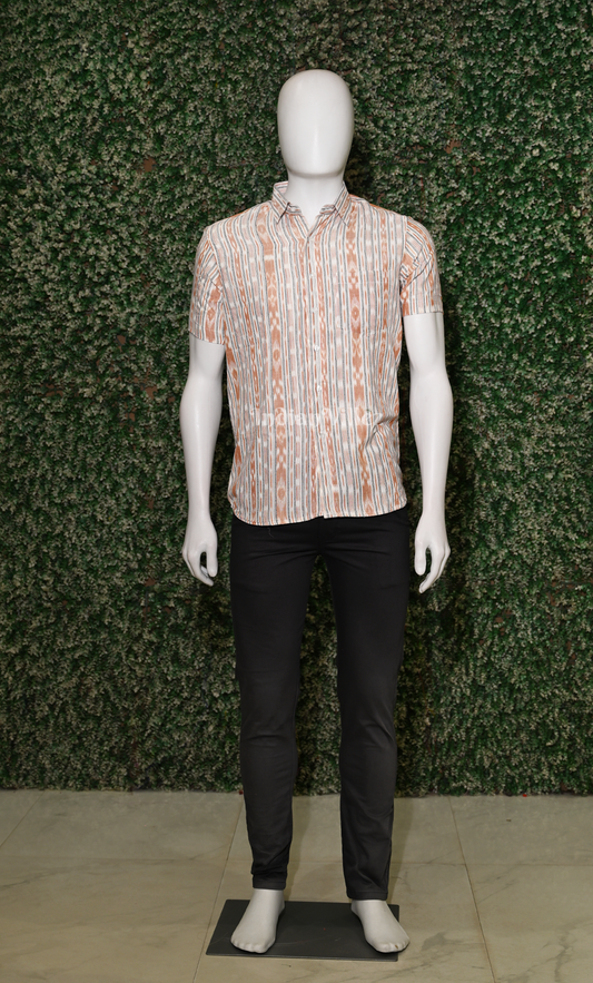 White Brown Odisha Ikat Cotton Half Sleeve Shirt for Men