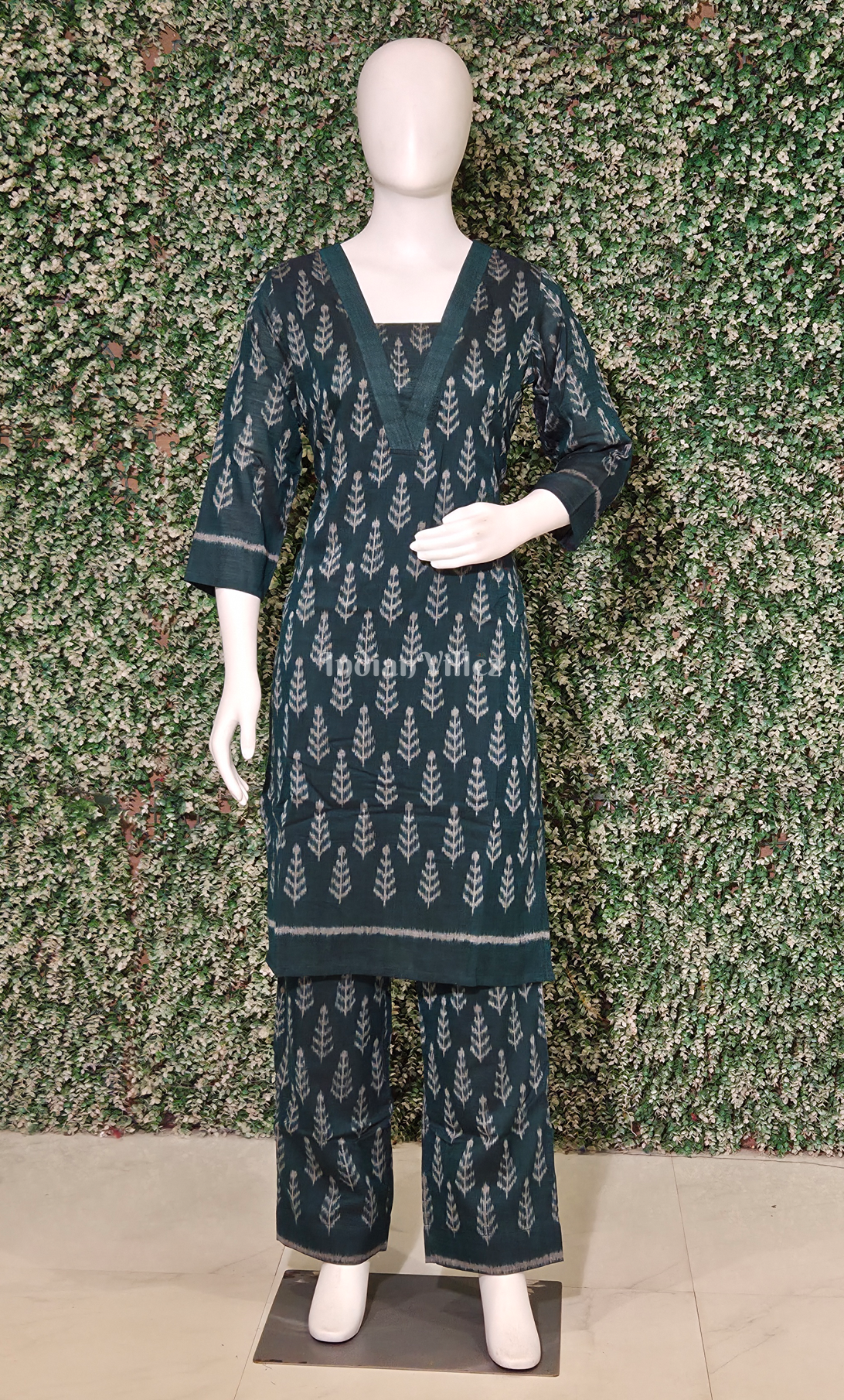 Teal Green Tree Motif Cotton Kurti Set with Pallazo