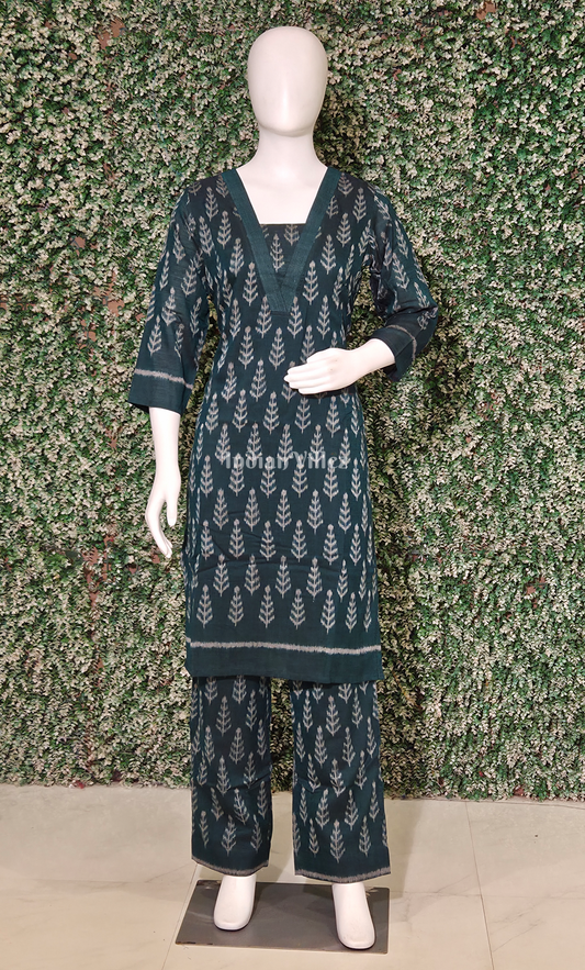 Teal Green Tree Motif Cotton Kurti Set with Pallazo