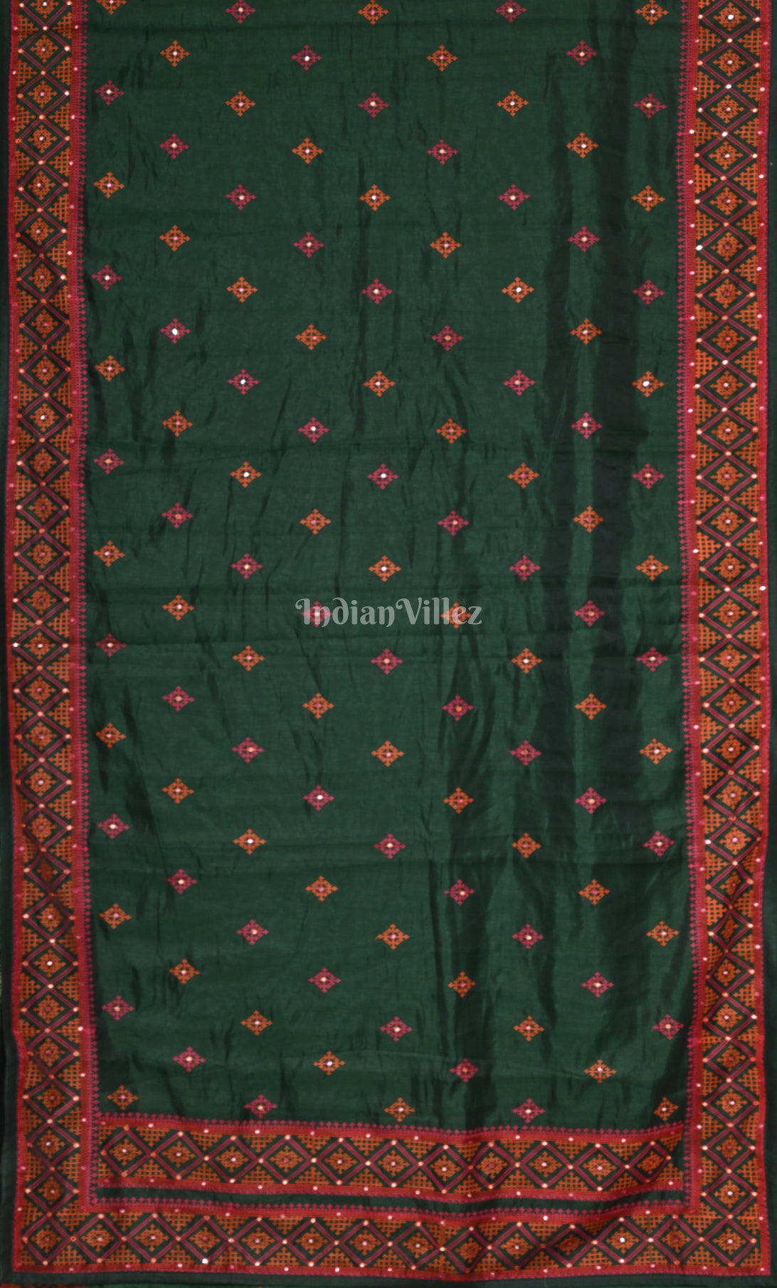Green Red Tusasr Silk Saree with Hand Embroidery