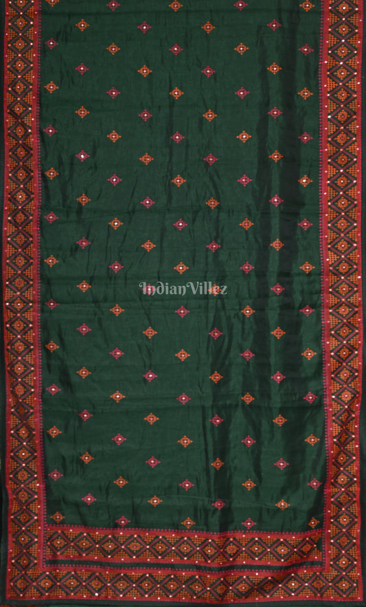 Green Red Tusasr Silk Saree with Hand Embroidery