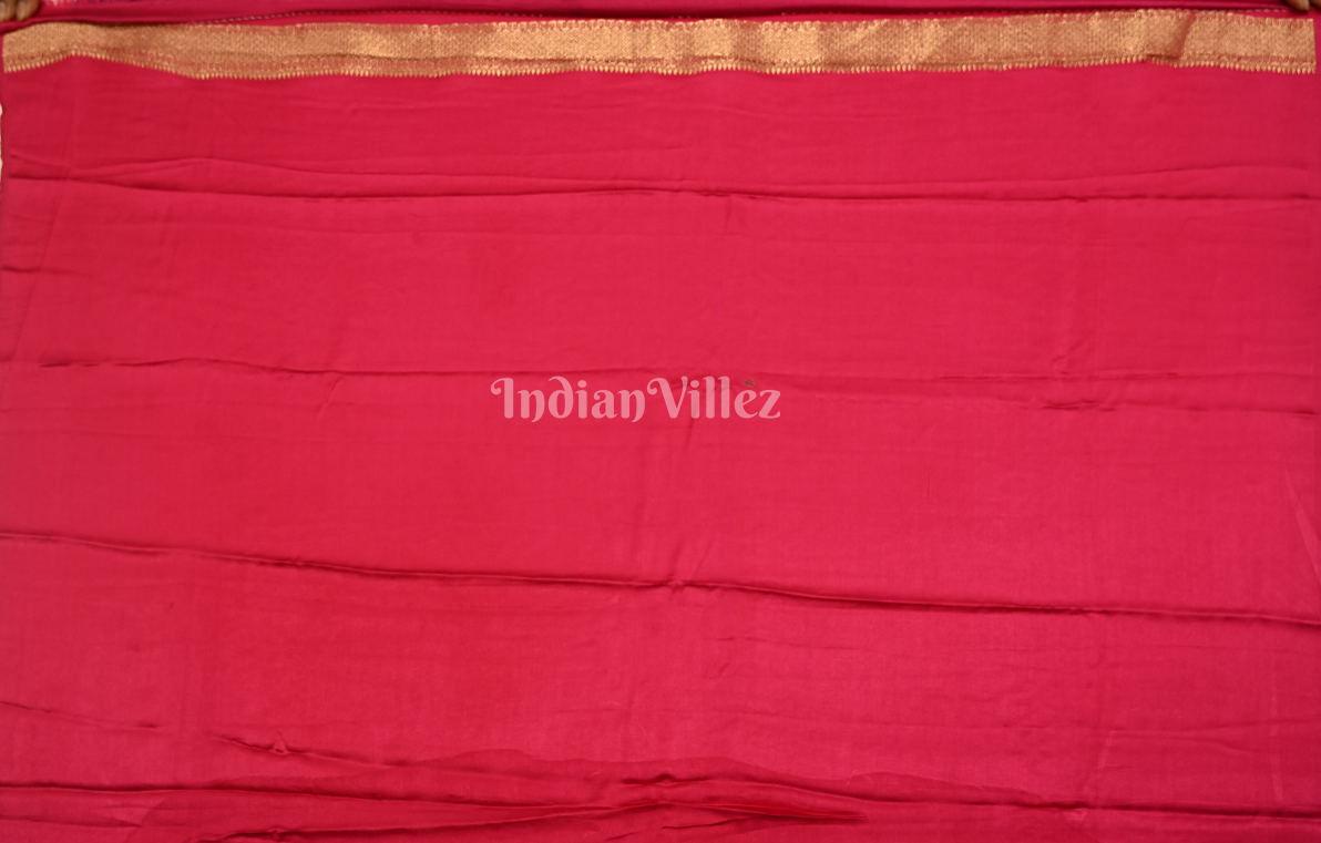 Blue Red Bird Motif Pure Satin Crepe Silk Banarasi Saree 