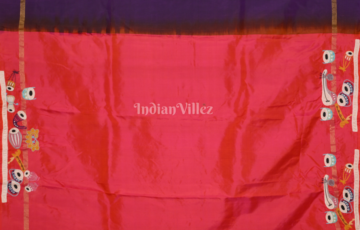Purple Red Hand Embroidered Applique Work Saree 