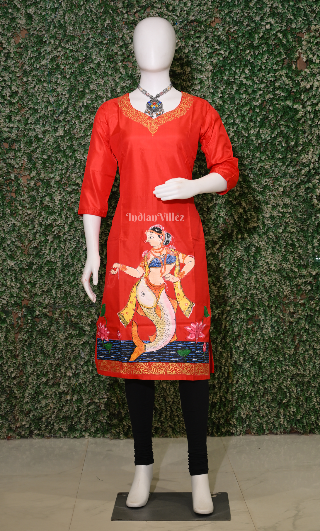 Red Mastya kanya Theme Hand-Painted Pattachitra Kurti 