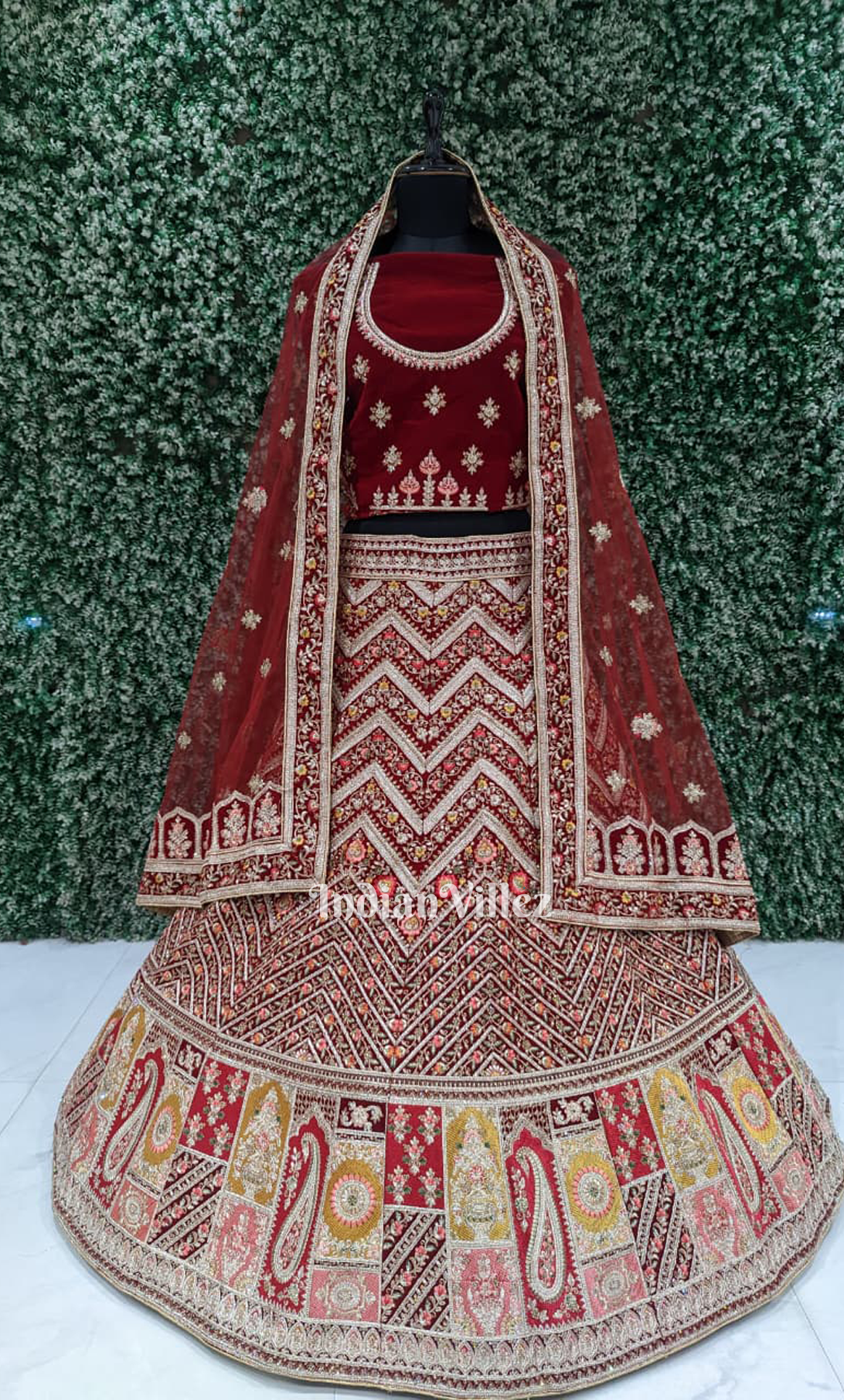 Exclusive Designer Maroon Velvet Embroidered Lehenga Choli with Dupatta