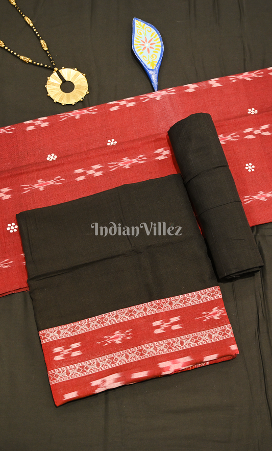 Red Black Flower Pasapali Odisha Ikat Sambalpuri Cotton Dress set with Dupatta 