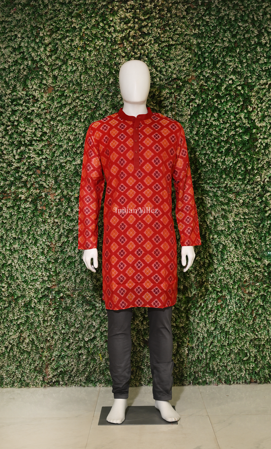 Red  Odisha Ikat Sambalpuri Cotton Kurta For Men
