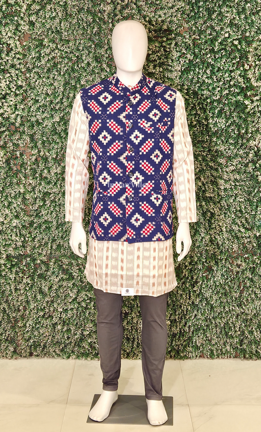 Blue Red Pasapali Odisha Ikat Half Bandi Jacket for Men