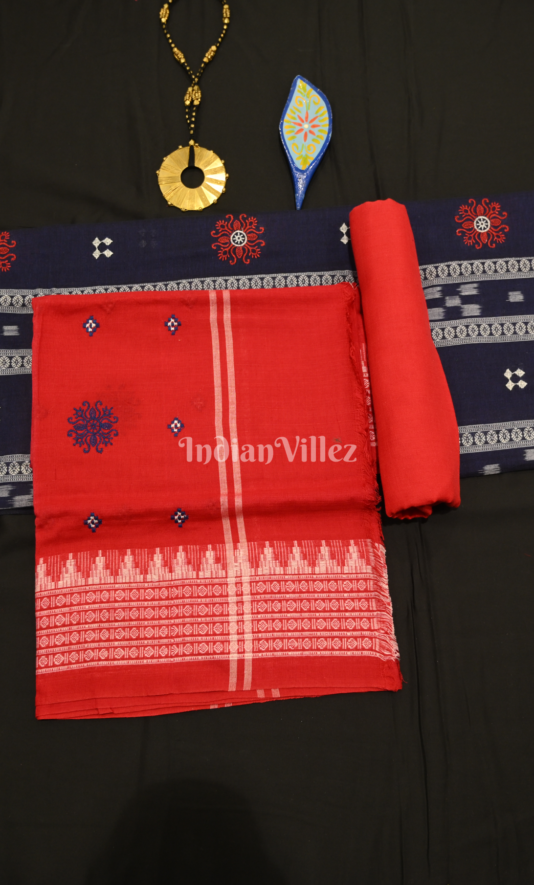 Blue Red Flower Pasapali Odisha Ikat Sambalpuri Cotton Dress set with Dupatta 