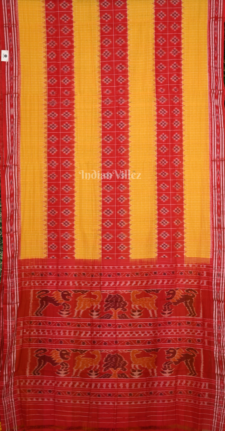Yellow Red Check Pasapali Odisha Ikat Sambalpuri Cotton Saree 