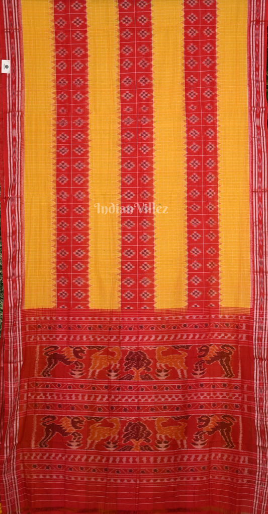 Yellow Red Check Pasapali Odisha Ikat Sambalpuri Cotton Saree 