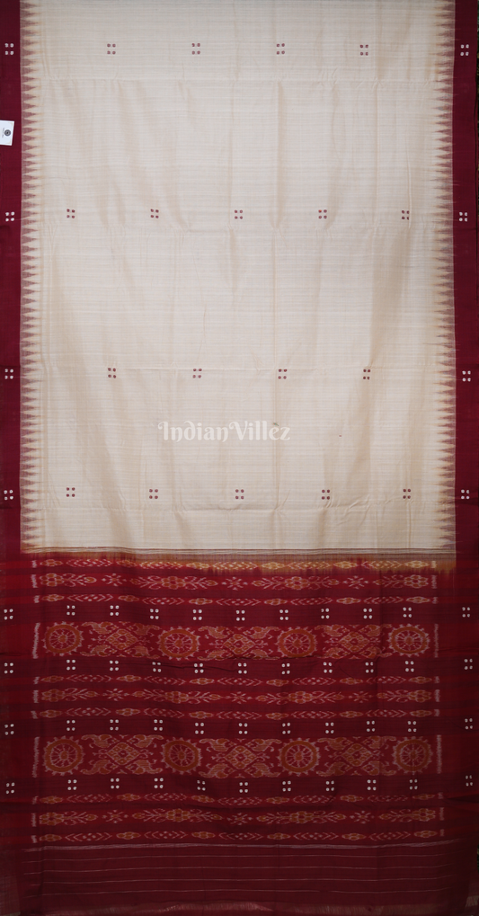 White Maroon Buti Design Odisha Ikat Sambalpuri Cotton Saree 