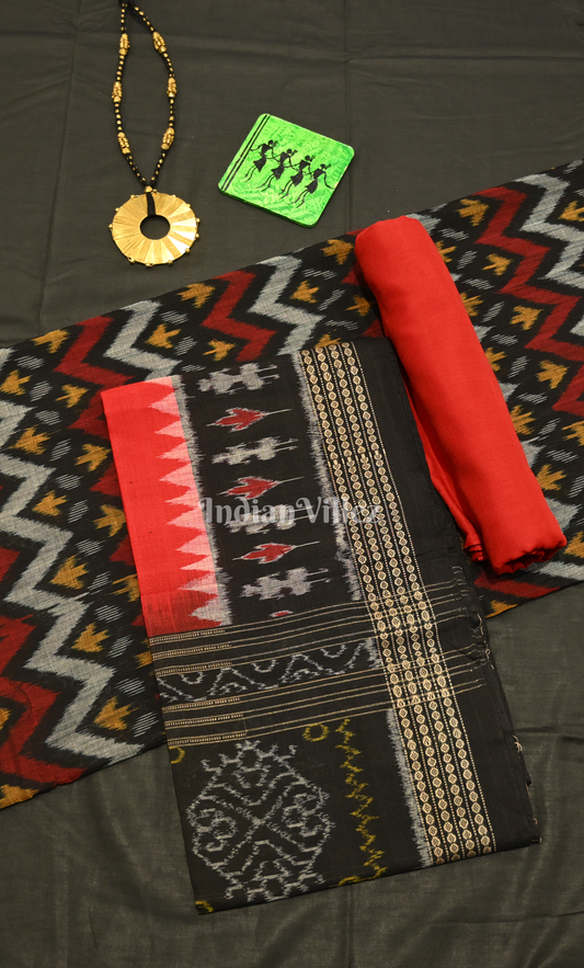 Black Red Odisha Ikat Sambalpuri Dress Set & Dupatta