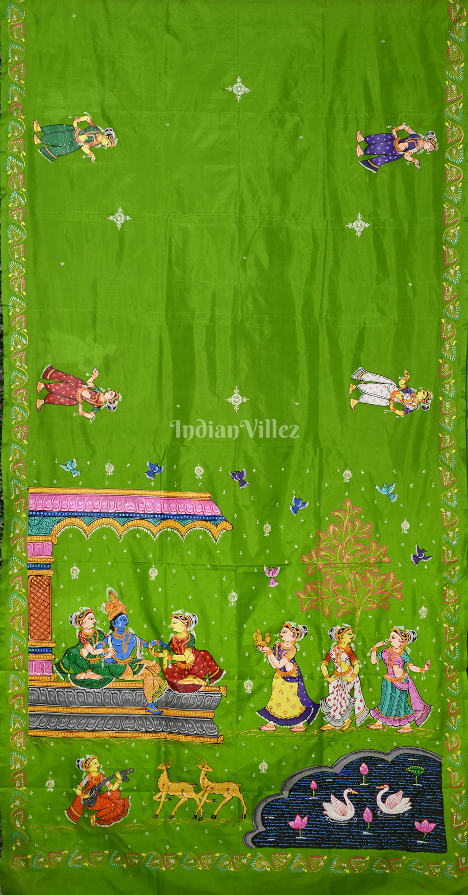 Green Radha Krishna Raas Leela Hand-Painted Pattachitra Saree 
