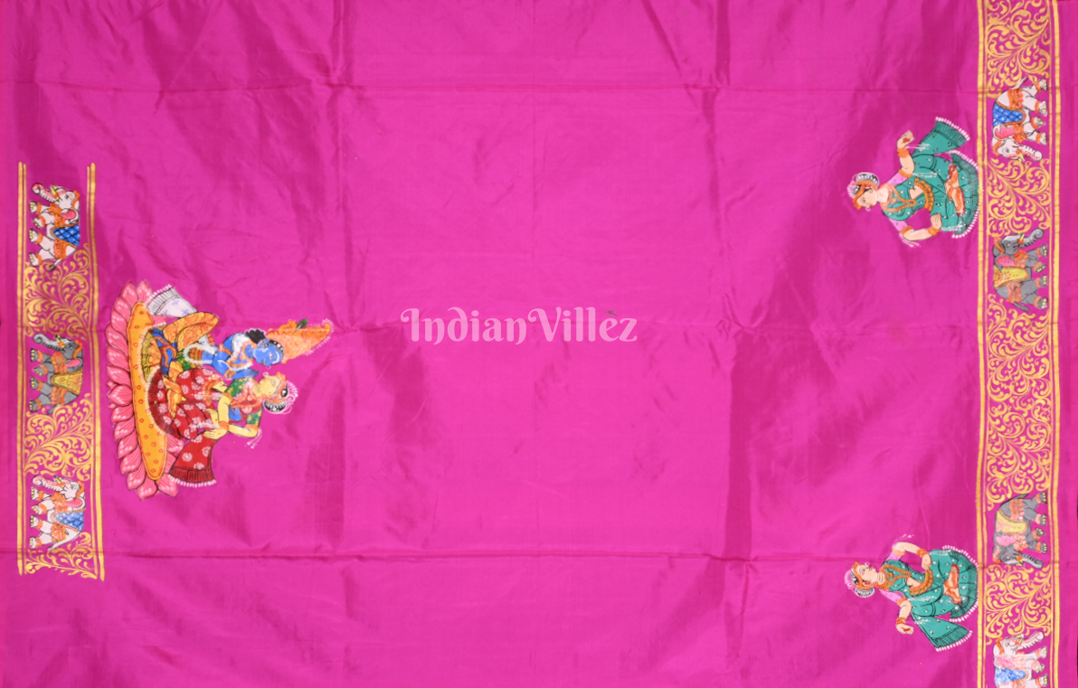 Blue Pink Kandarpa Hasti (Elephant) Hand-Painted Pattachitra Saree 