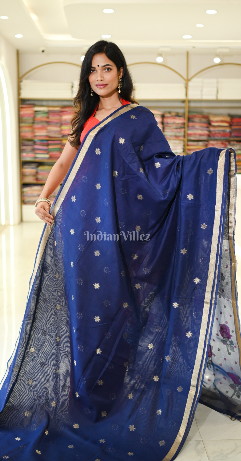 Blue Linen Saree with Pink Floral Pallu