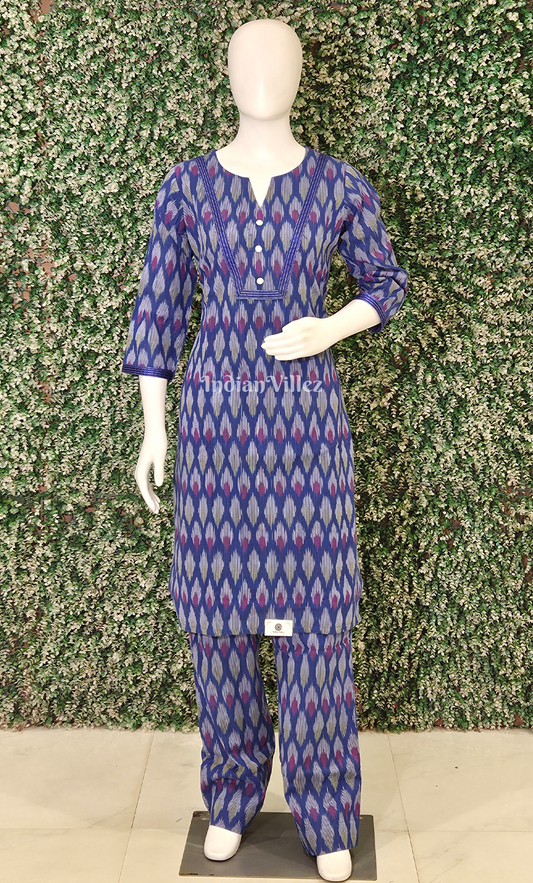 Blue Pochampally Cotton Kurti Set with Pallazo (Co-Ords Set)