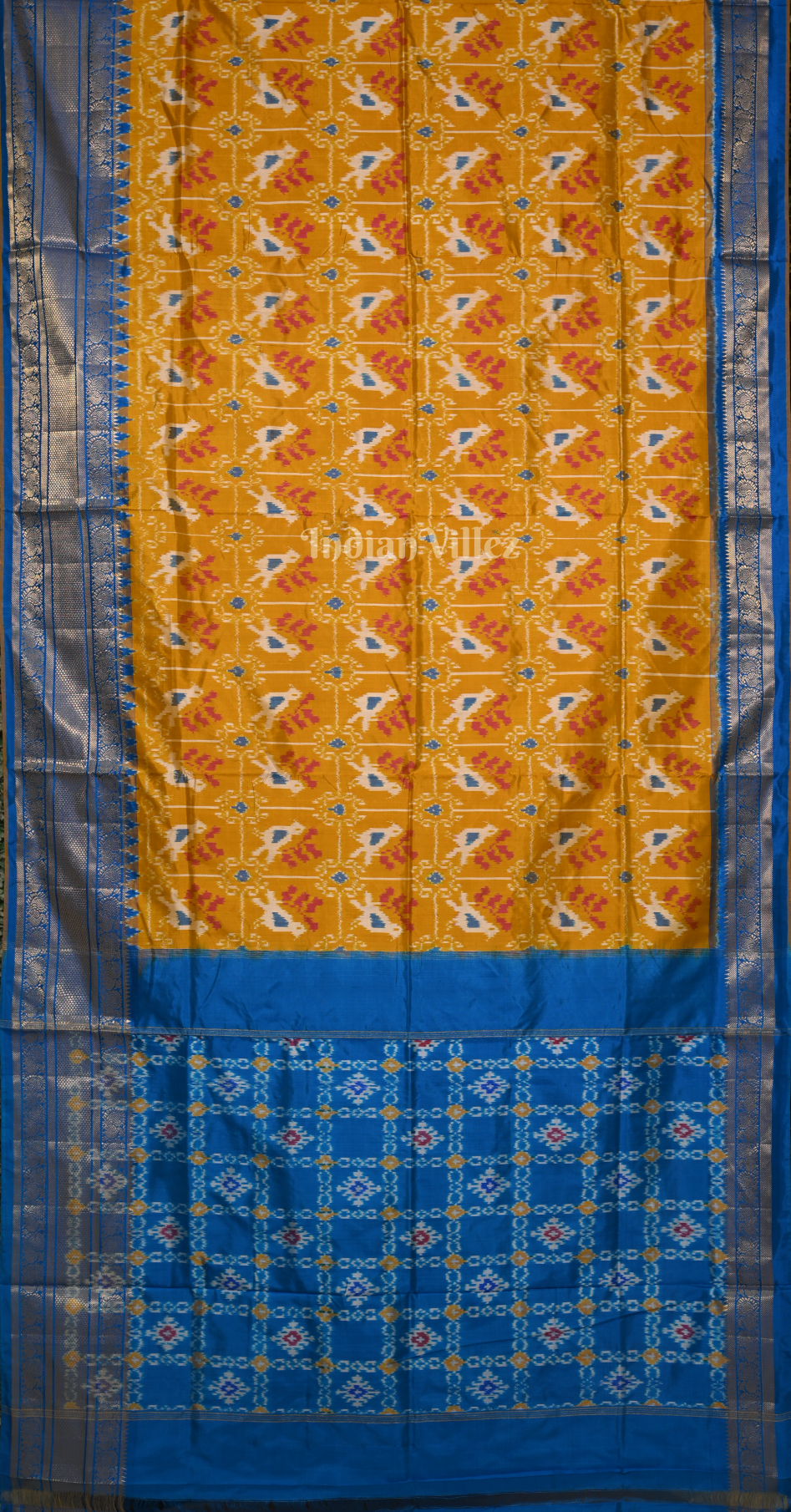 Mustard Yellow Blue Pochampally Ikat Silk Saree