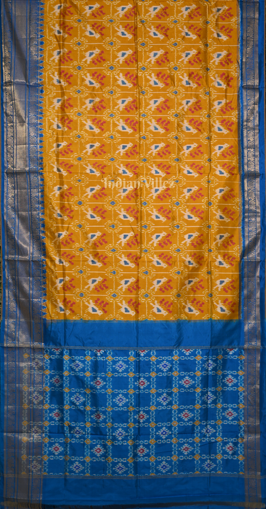 Mustard Yellow Blue Pochampally Ikat Silk Saree
